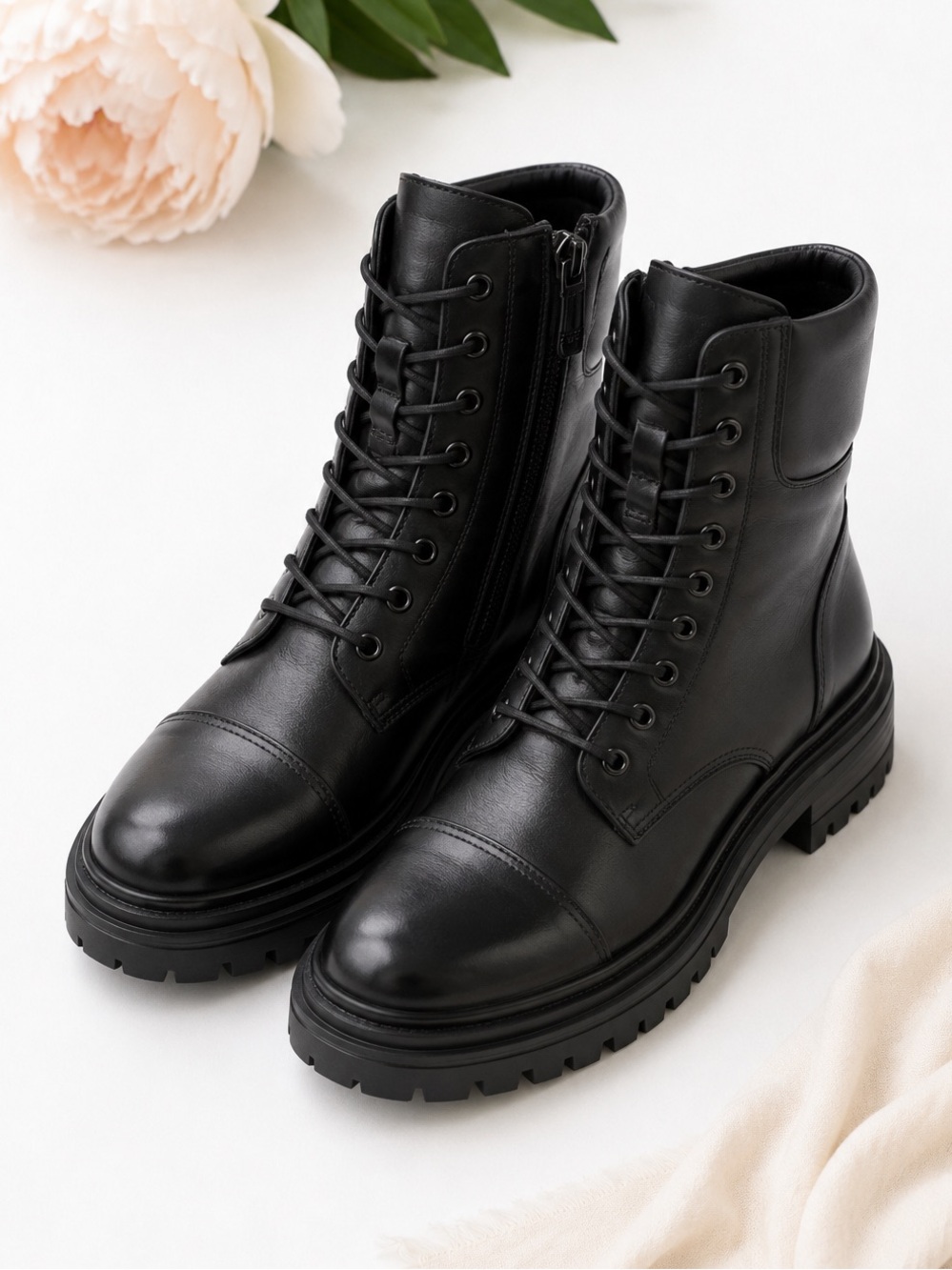 Sam Edelman Aleia Combat Boots Women’s 8.5-(9) Black Leather Lug Sole Zip Boots